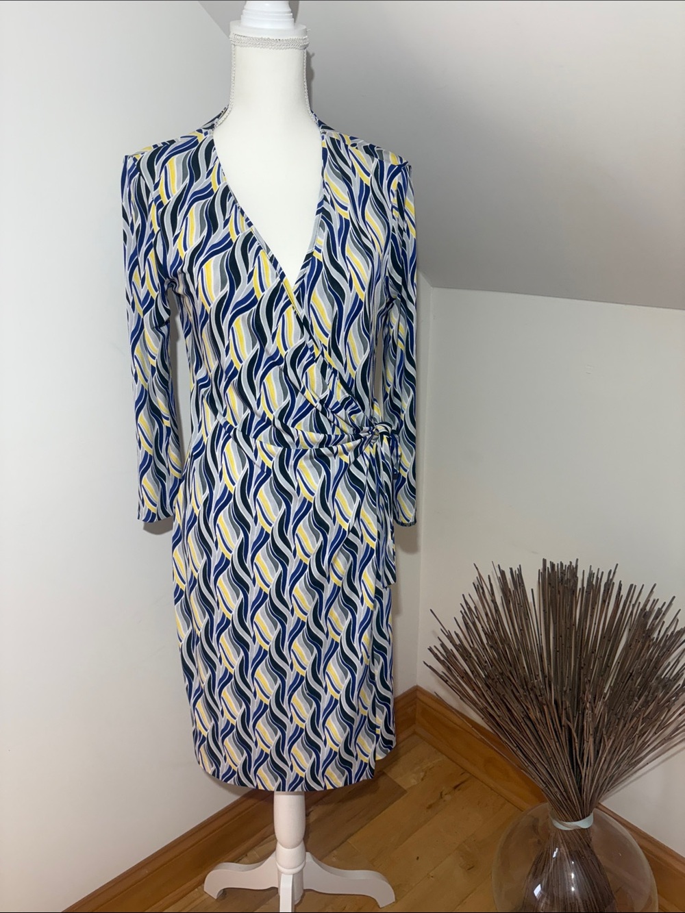 Anne Klein Blue Yellow Gray Blk Long Sleeve Wrap Dress Sz M Classy Lightweight